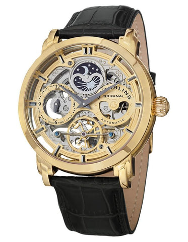 Stuhrling 371 02 Automatic Skeleton Dual Time AM/PM Indicator Leather Mens Watch
