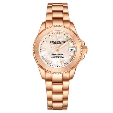Stuhrling 3950L 5 Mother of Pearl Date Rose Tone Stainless Steel Womens Watch