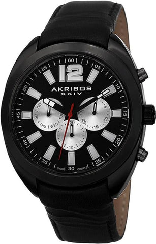 Akribos XXIV AK777BK Swiss Quartz Day Date GMT Leather Strap Black Mens Watch