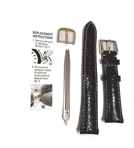 Genuine 16mm Black Shiny Black Beaver Tail Strap Silvertone/Goldtone Buckles with spanner tool