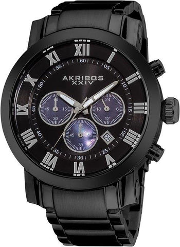 Akribos XXIV AK622BK Chronograph Date GMT Roman Numerals Black Mens Watch