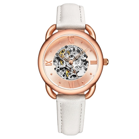 Stuhrling 3990 4 Automatic Skeletonized Dial White Leather Strap Womens Watch