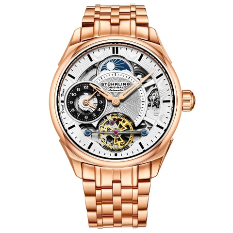Stuhrling 943B 02 Dual Time AM PM Automatic Skeleton Stainless Steel Mens Watch