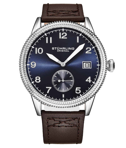 Stuhrling 4011 1 Wingman Quartz Aviator Quartz Date Brown Leather Blue Dial Mens Watch