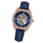 Stuhrling 3991 2 Automatic Skeleton Crystal Accented Blue Leather Strap Womens Watch