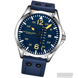 Stuhrling 3916 4 Aviator Day Date Blue Leather Strap Mens Watch