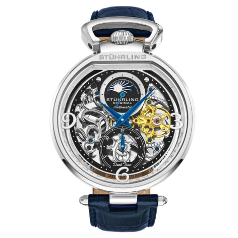 Stuhrling 3954 1 Modena Legacy Automatic Dual Time Skeleton AM/PM Mens Watch