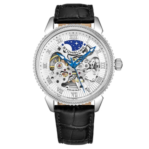 Stuhrling 3983 1 Automatic Skeleton Moon Dial Black Leather Strap Mens Watch