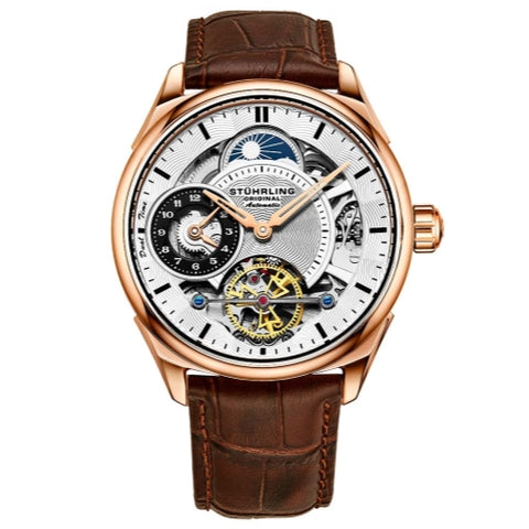Stuhrling 943A 03 Dual Time AM PM Automatic Skeleton Brown Leather Mens Watch