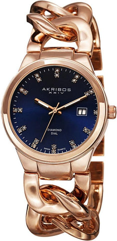 Akribos XXIV AK759RGBU Swiss Quartz Date Blue Diamond Dial Rosetone Womens Watch