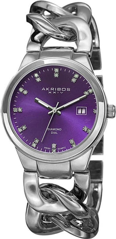 Akribos AK759SSPU Swiss Quartz Date Purple Diamond Dial Silvertone Womens Watch