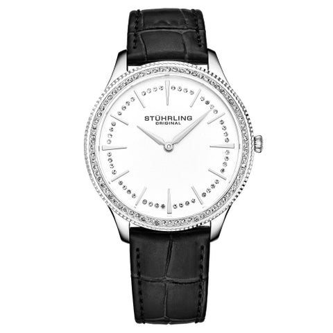 Stuhrling 3985 1 Crystal Accented Black Genuine Leather Womens Watch