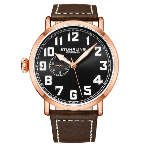 Stuhrling 4004 2 Aviator Quartz Brown Leather Strap Black Dial Mens Watch