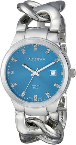 Akribos AK759SSTQ Swiss Quartz Date Turquoise Diamond Silvertone Womens Watch