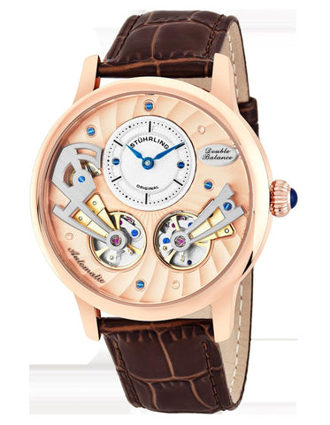 Stuhrling 740 03 Sagittarian Automatic Open Heart Brown Leather Strap Mens Watch