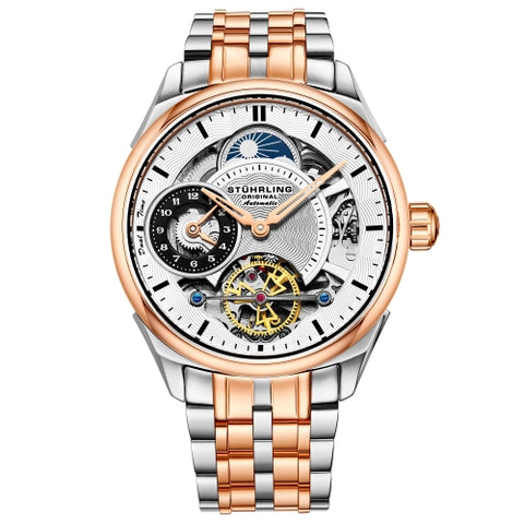 Stuhrling 943B 03 Dual Time AM PM Automatic Skeleton Stainless Steel Mens Watch