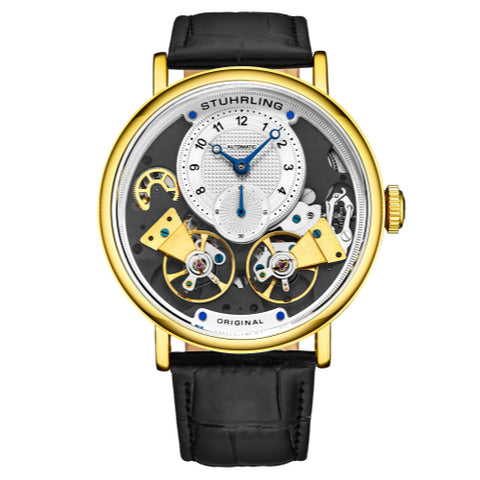 Stuhrling 3981 3 Ares Automatic Skeleton Black Leather Strap Mens Watch
