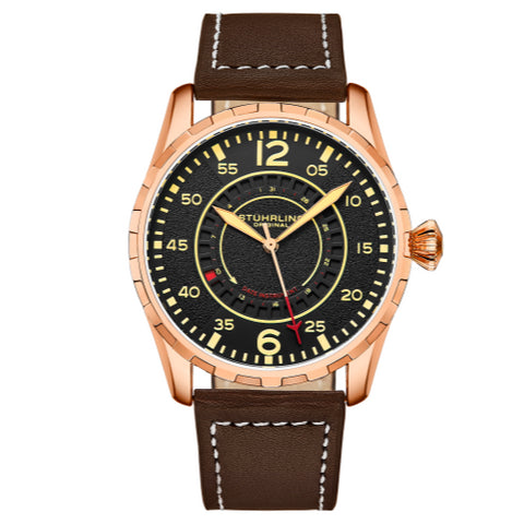 Stuhrling 4002 5 Aviator Quartz Brown Leather Strap Black Dial Mens Watch