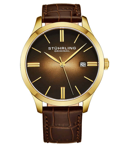 Stuhrling Original 4014 2 Cuvette II Quartz Date Brown Leather Strap Mens Watch