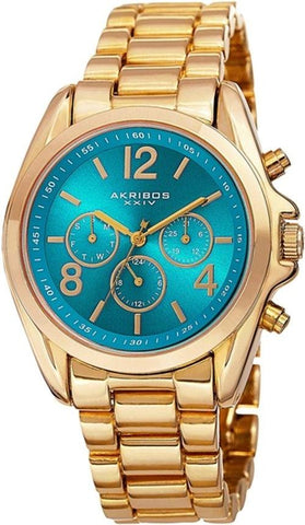 Akribos XXIV AK760YGTQ Day Date GMT Swiss Quartz Turquoise Goldtone Womens Watch